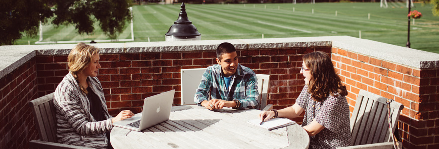 Students working outside the library