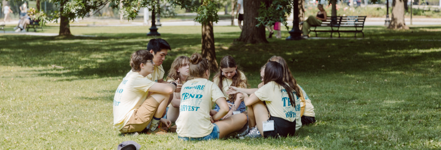 group of students sitting on the grass talking