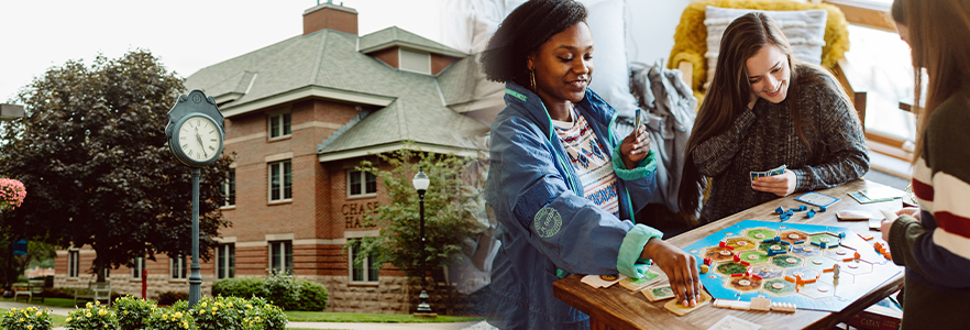 A graphic that features Chase Hall at Gordon College and students spending time together in their dorm room.