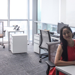 Student at an office job in a high rise building