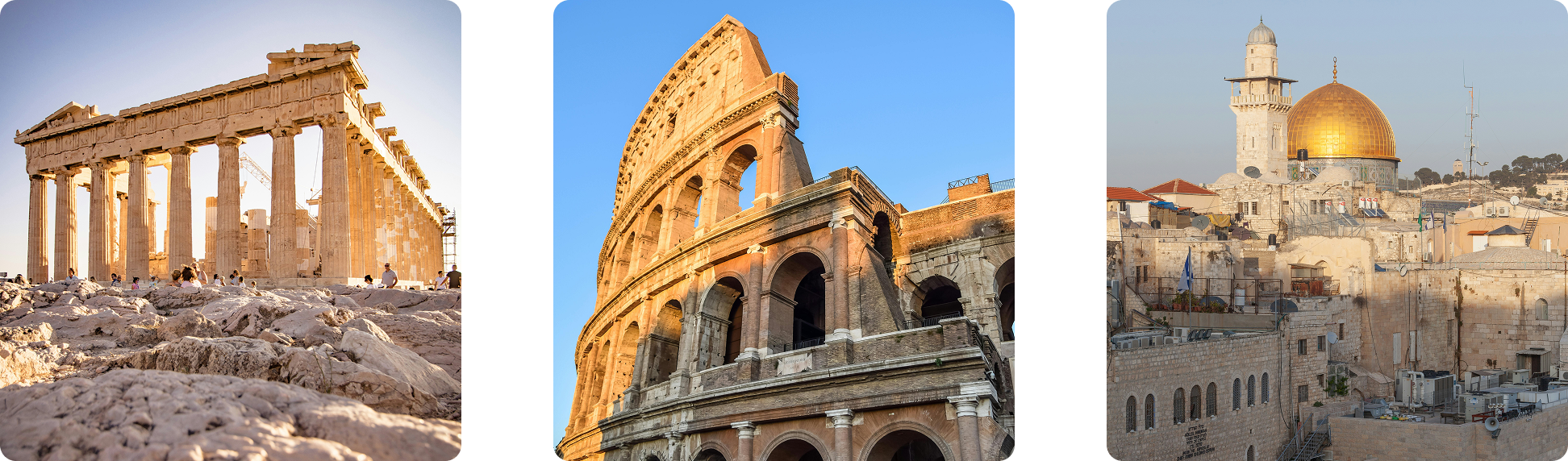 Three photos of scenery in Greece, Italy, and Israel