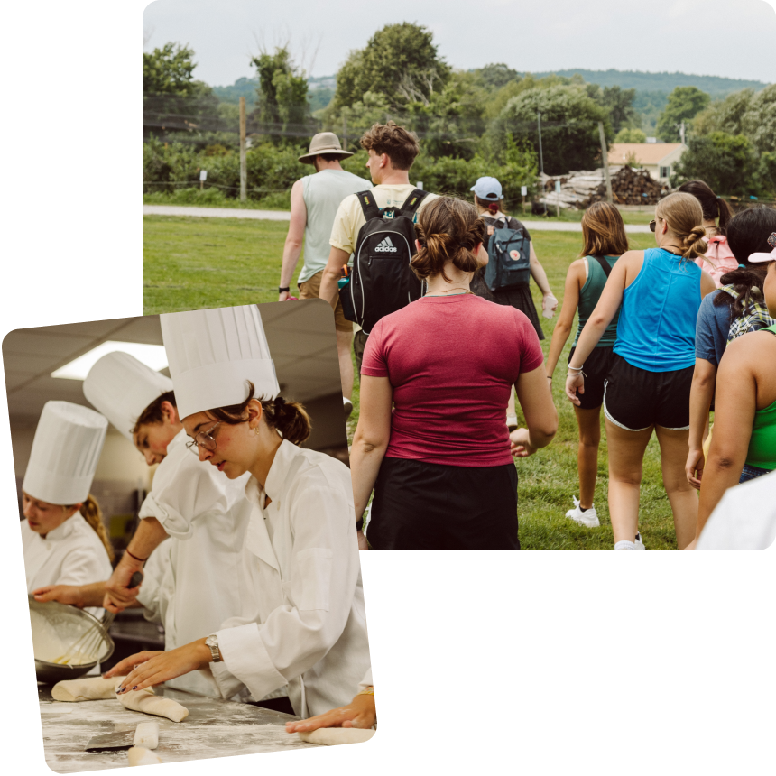 Image of students cooking and walking in a field