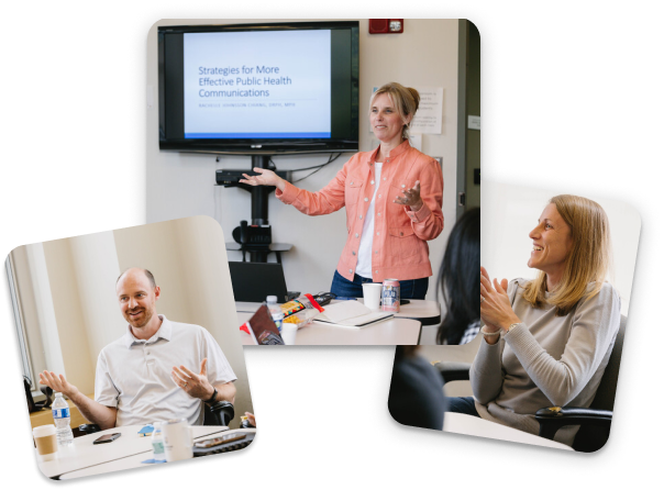 Three photos of different students talking and presenting during class at the masters of public health program at Gordon College.